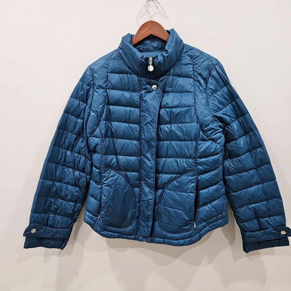 Calvin Klein Womens Packable Premium Down Puffer Jacket L Teal Blue Lightweight